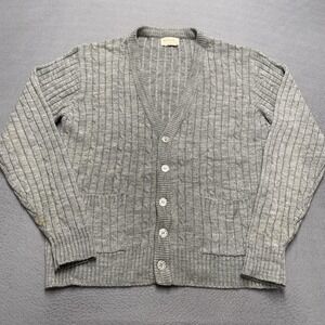 Vintage Knit Cardigan Sweater Mens Medium Gray Acrylic Button Front‎ Pockets 80s